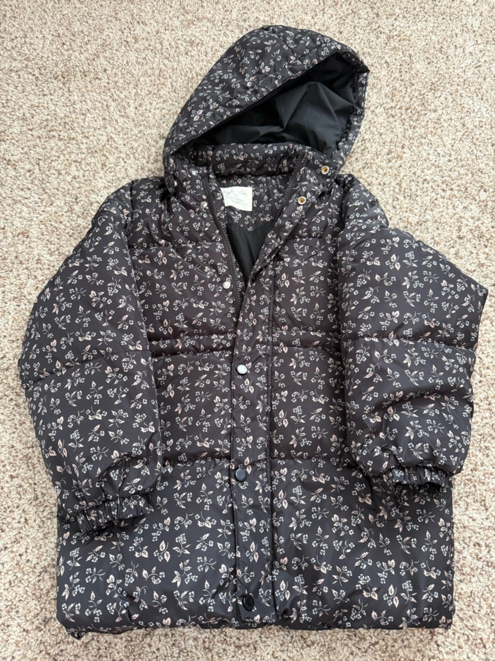 Rylee & Cru Girls Black Floral Puffer Jacket with Removable Hood Size 8-9y
